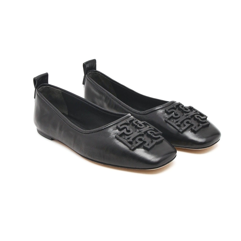 Tory Burch Ines Ballet Flats Black Leather Square Toe Logo Sz 7.5